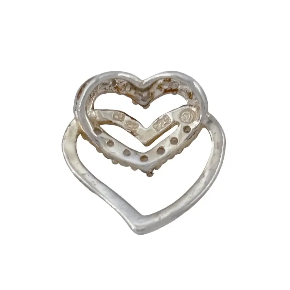 Vintage Sterling Silver 925 Cubic Zirconia Double Heart Pendant